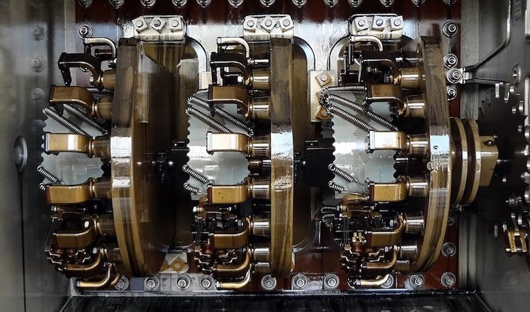 On-load tap changer in a transformer.