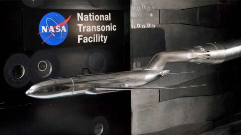 An aircraft is mounted and ready for testing within NTF’s cryogenic wind tunnel.