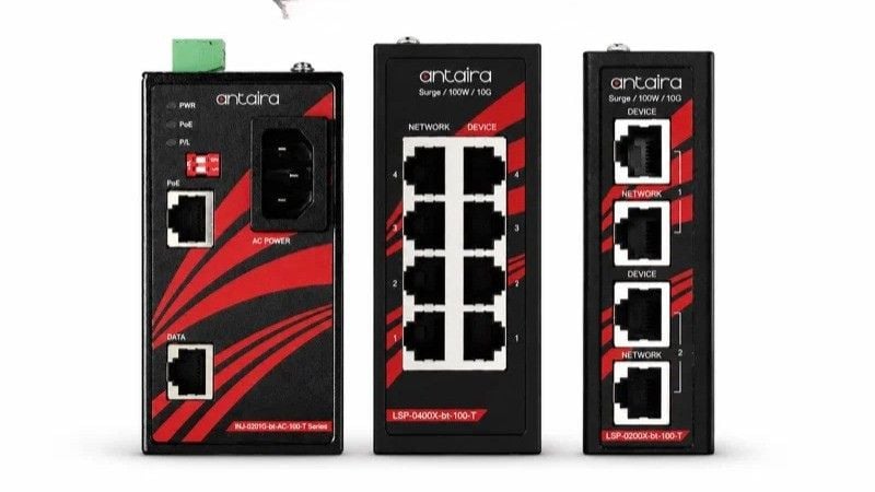 Antaira’s INJ-0201G-bt-AC-100-T PoE++ injector and LSP-0200X-bt-100-T and LSP-0400X-bt-100-T surge protectors.