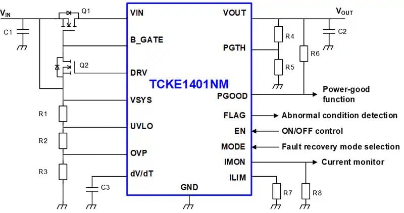Application circuit for the TCKE1401NM showing the external MOSFETs (Q1, Q2) and resistor dividers