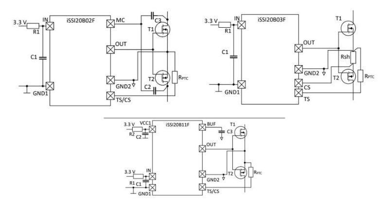 Application schematics detail the iSSI20B11F's fast turn-on, iSSI20B03F's sensing capabilities, and iSSI20B02F's Miller-clamp protection