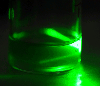 A green laser highlights nanosheets from lithium battery cathodes in water