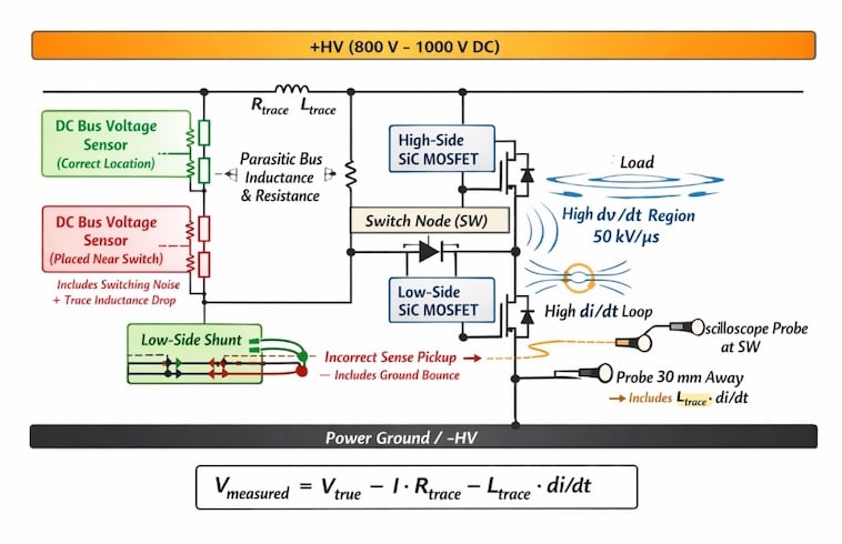 Sensor placement effects in high-voltage SiC half-bridge. Parasitic bus resistance and inductance, combined with high dv/dt and di/dt switching transients, cause measurement voltage to deviate from the true bus value depending on sensor location. 
