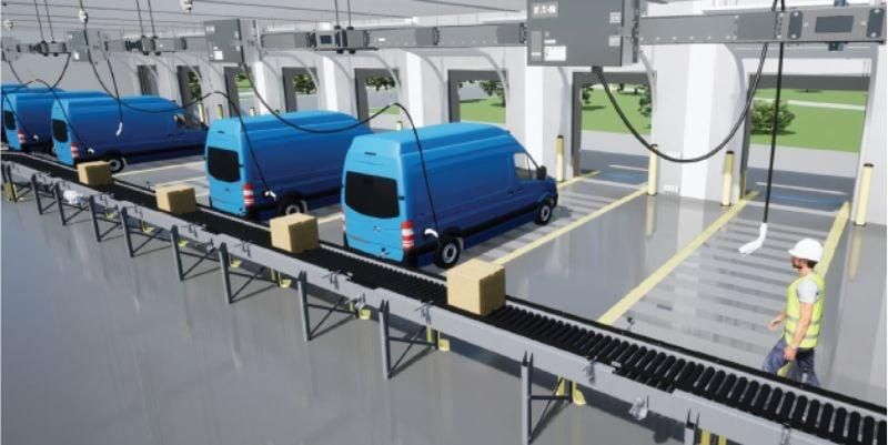Commercial EV fleet charging via busway. 