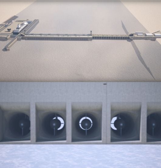 Concept images showing a bird’s eye view (top) and the underwater turbines (bottom).