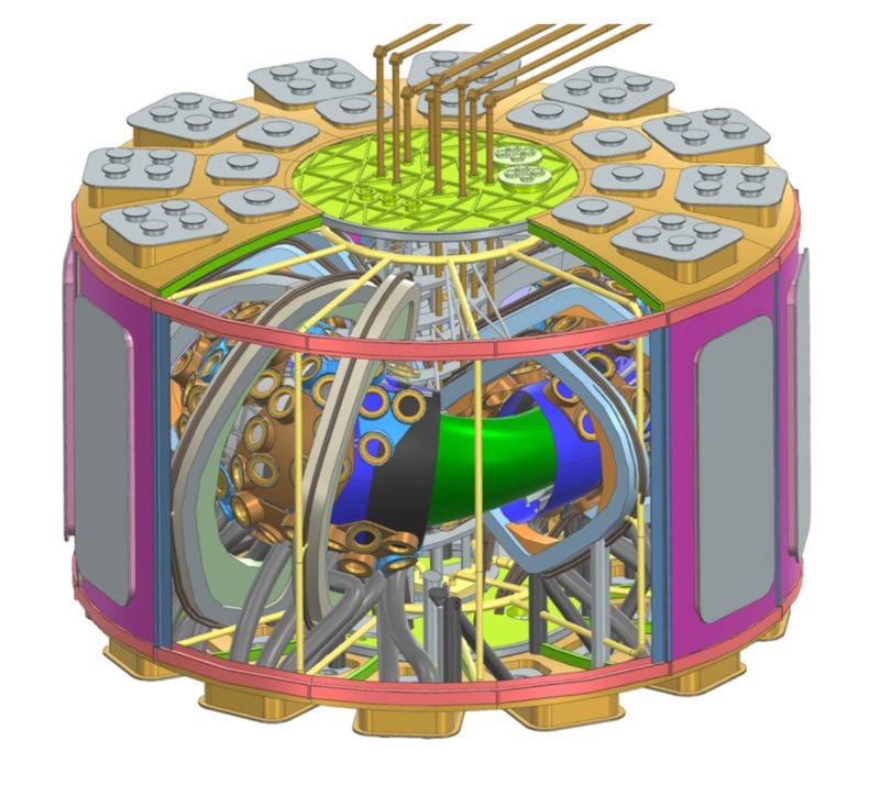 Cutaway view of Thea Energy's Helios stellarator architecture showing the plasma (in green), breeding blanket (blue and black), shaping coils (orange), encircling coils (gray), and surrounding cryostat.