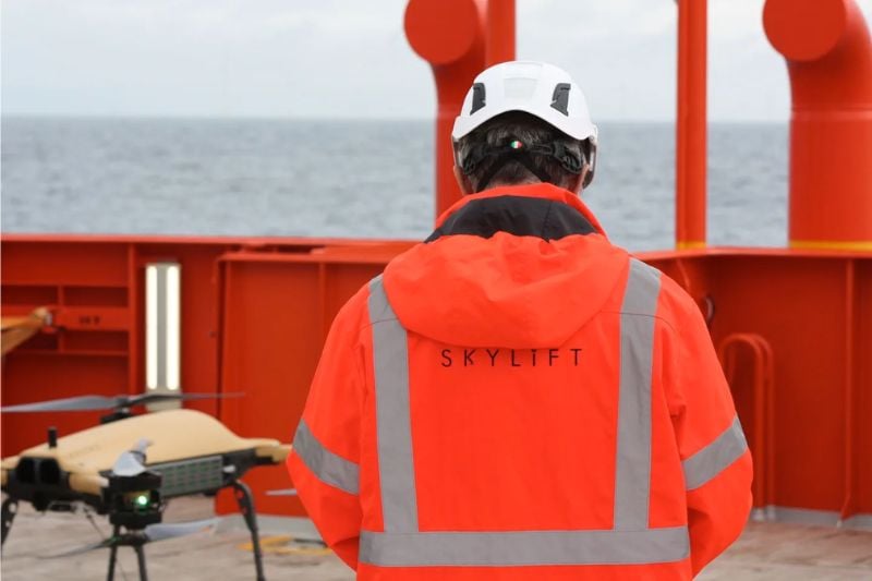 Drone being prepared for delivery to an offshore wind platform.