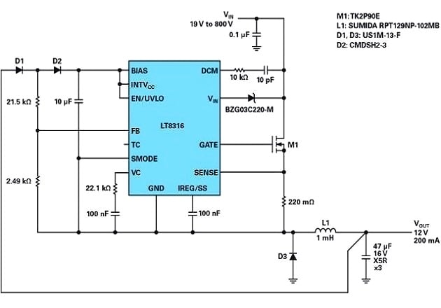Figure 5: Schematic of a nonisolated buck converter with up to 800 V supply voltage.