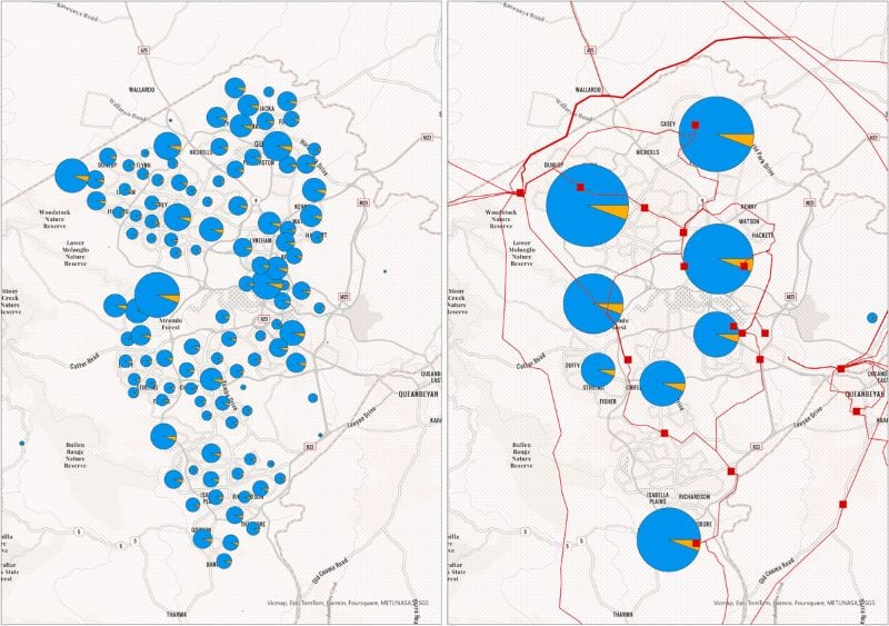 Geographic distribution of the storage capacity (MWh) from electric vehicle batteries (blue) and hot water storage (orange) at SA2 and SA3 levels