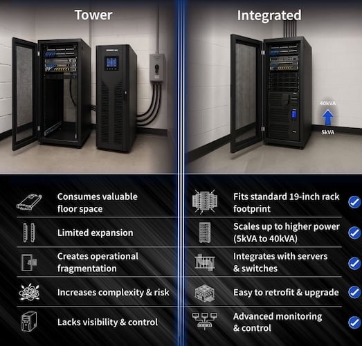 Advantages of an integrated UPS versus a separate tower approach