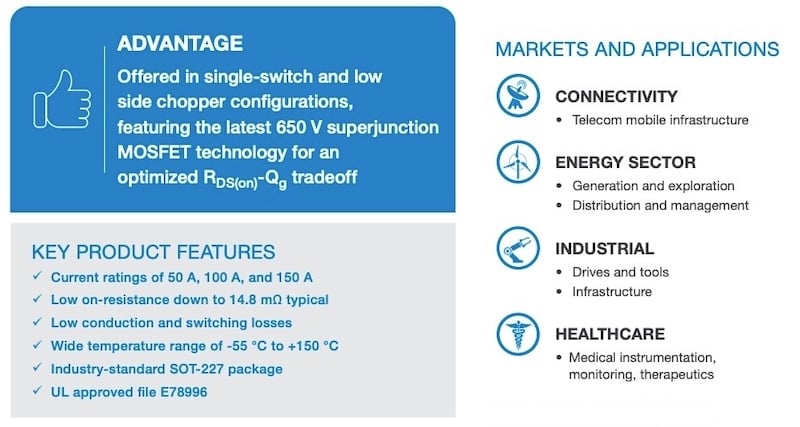 Features summary of of Vishay’s new 650 V superjunction MOSFET power modules