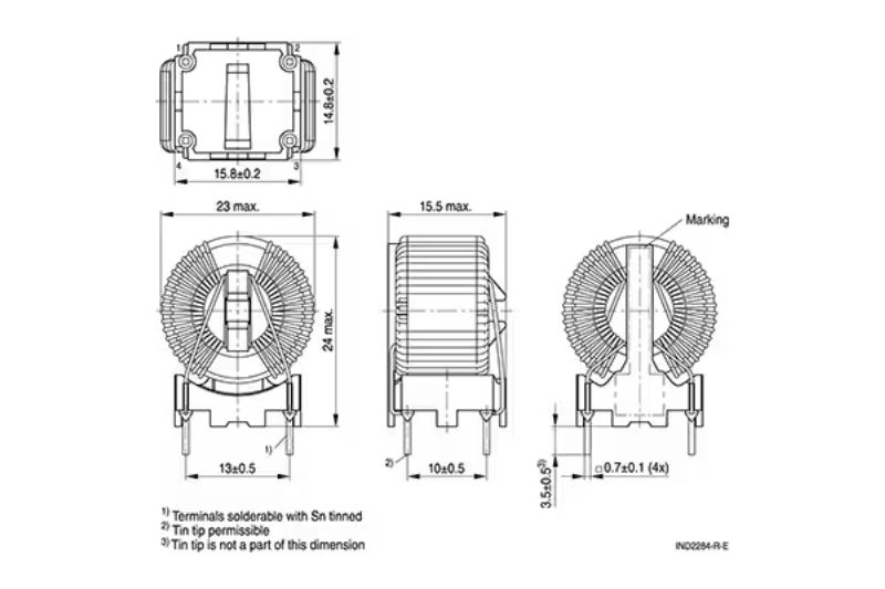 Mechanical dimensions and pin configuration of the B82722V6-B040 high-voltage common-mode choke.