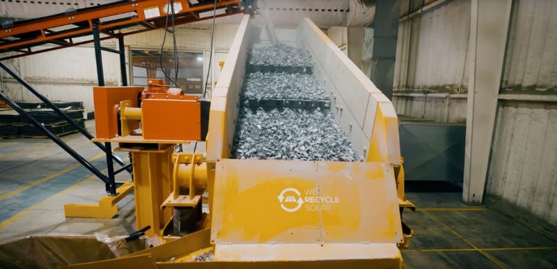 Pieces of solar panel materials are processed at We Recycle Solar’s utility-scale facility in Arizona