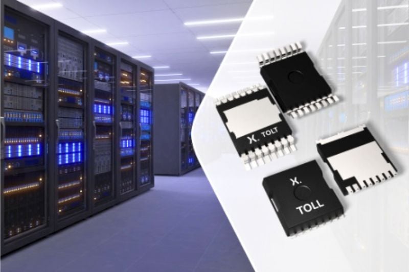 The 650 V GaN FET lineup in TOLT and TOLL packages alongside a data center.
