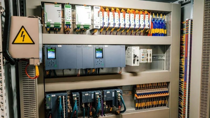 An industrial electrical cabinet with a control system, likely used for industrial automation, that could utilize a power monitor