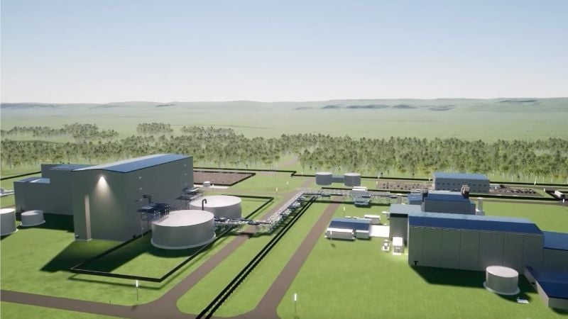 The plant’s reactor building (right) and power and storage facility (left)