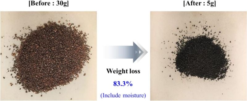 Thirty-gram samples of wet biomass turned into 5 g of biochar
