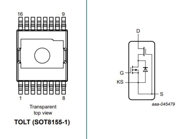 Top view of 650 V 35 mΩ GaN FET in a TOLT package with its graphic symbol.