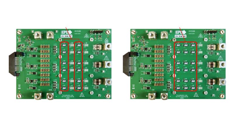 Top view of the EPC9186HC2 board (left), highlighting two EPC2361 FETs, and the EPC9186HC3 board (right), showing three EPC2361 FETs
