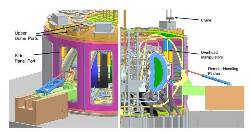 Two views of Helios's remote handling system