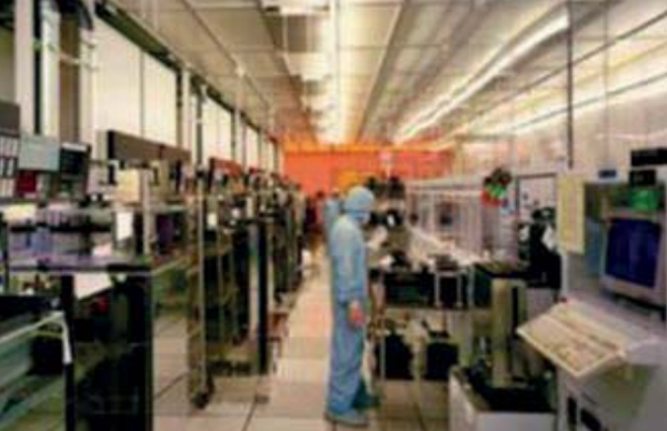 Image from the interior of a wafer fabrication clean room.