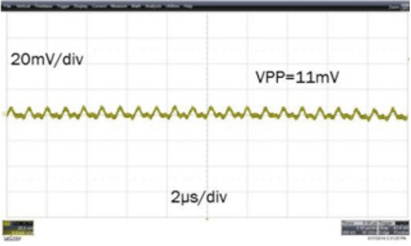 Output ripple performance with the same output capacitors (ISL8203M ripple at 4A with two outputs in parallel) (5Vin to 1Vout 4A, COUT= 2x4.7µF ceramic + 68µF POSCAP capacitor; load-current step slew rate of 1A/µs)