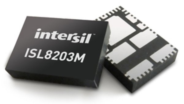The ISL8203M power-module package measures 6.5mm x 9mm x 1.85mm