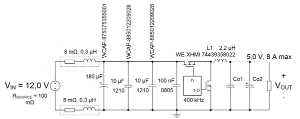 Schematic of the test buck converter showing source resistance, input lead resistance and inductance along with all input capacitors