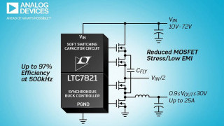 72V Hybrid Step-Down DC-DC Controller Reduces Solution Size by 50%
