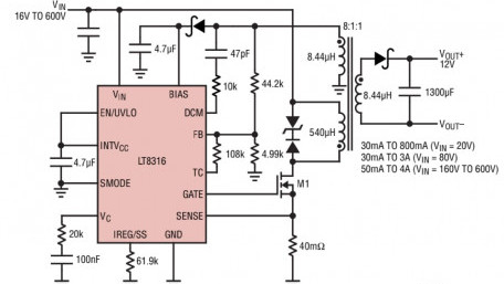 16Vin to 600Vin No-Opto Isolated Flyback Controller Delivers up to 100W