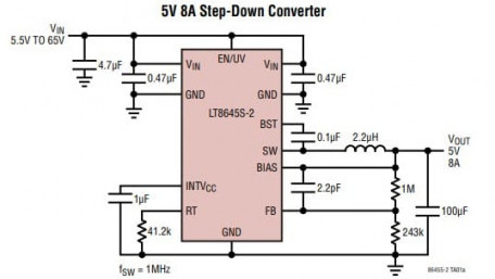 65Vin, 5Vout / 8A Synchronous Step-Down Regulator with 2.5µA IQ
