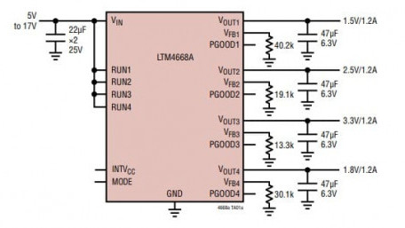 Quad DC-DC µModule Regulator with Configurable 1.2A Output Array