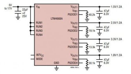 Quad DC-DC µModule Regulator with Configurable 1.2A Output Array