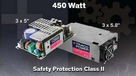 Traco Power’s TPP 450B Series 3x5” Power Supply Offers Safety Protection Class II